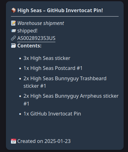 Screenshot of Hack Club Shipment Viewer, showing me that my GitHub Invertocat Pin is on the way