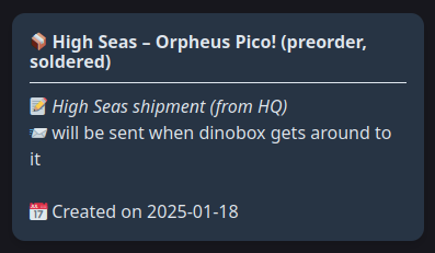 Screenshot of Hack Club Shipment Viewer, showing me that my Orpheus Pico is on the way